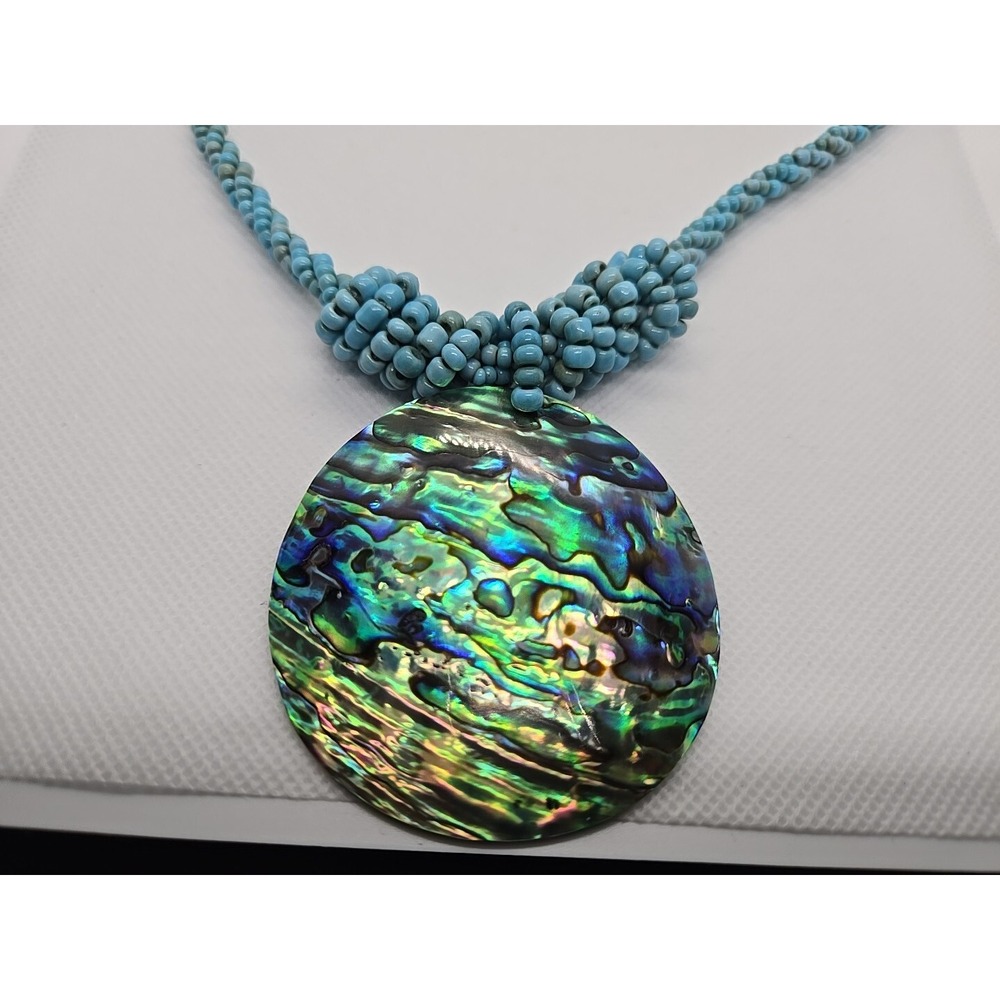 Lee‎ Sands Pāua Abalone Shell Turquoise Blue Bead 17.5" Necklace Pendant Signed